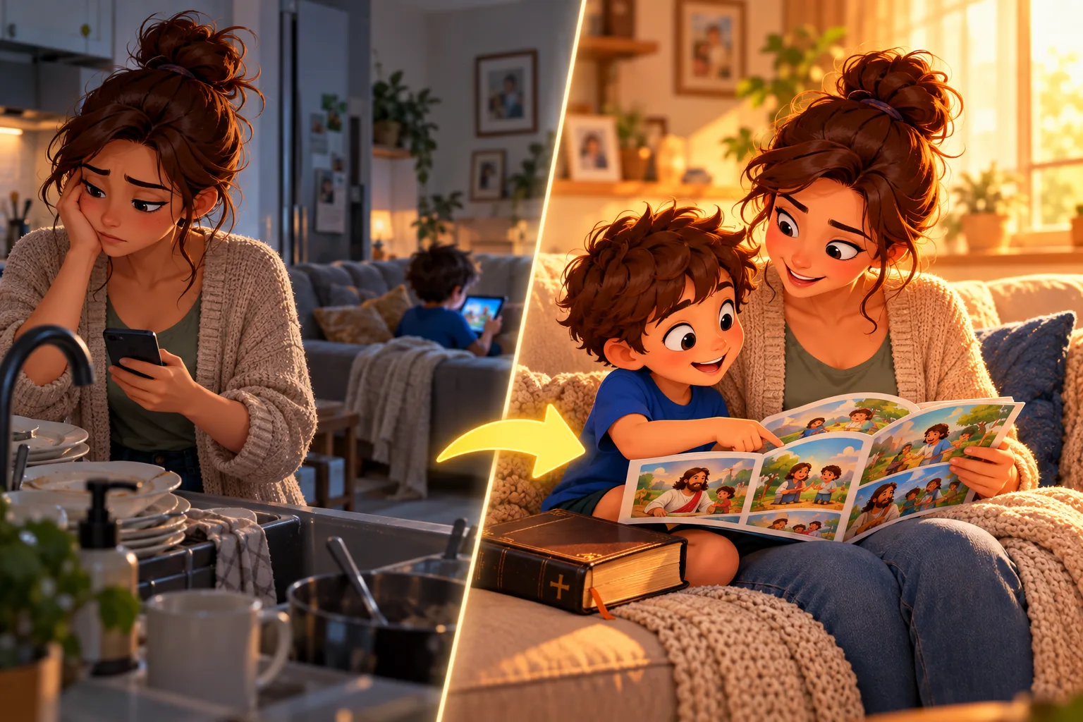 Antes: mãe na correria e filho no tablet. Depois: mãe e filho lendo a cartilha juntos no sofá