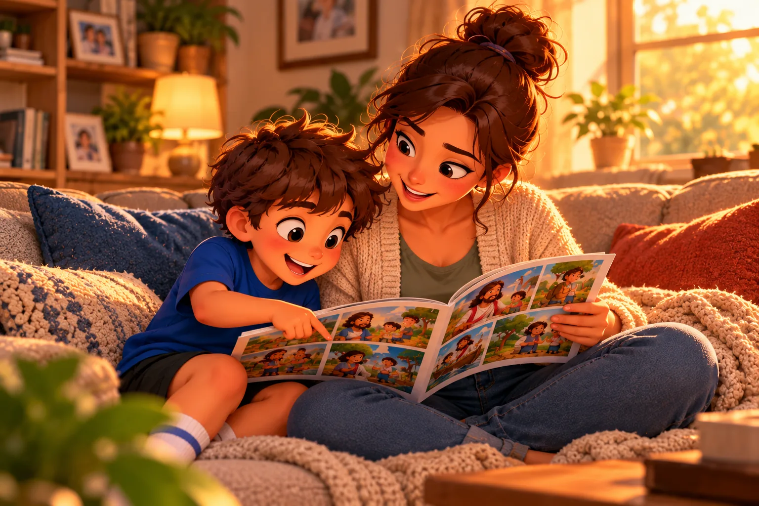 Mãe e filho lendo juntos a história em quadrinhos no sofá