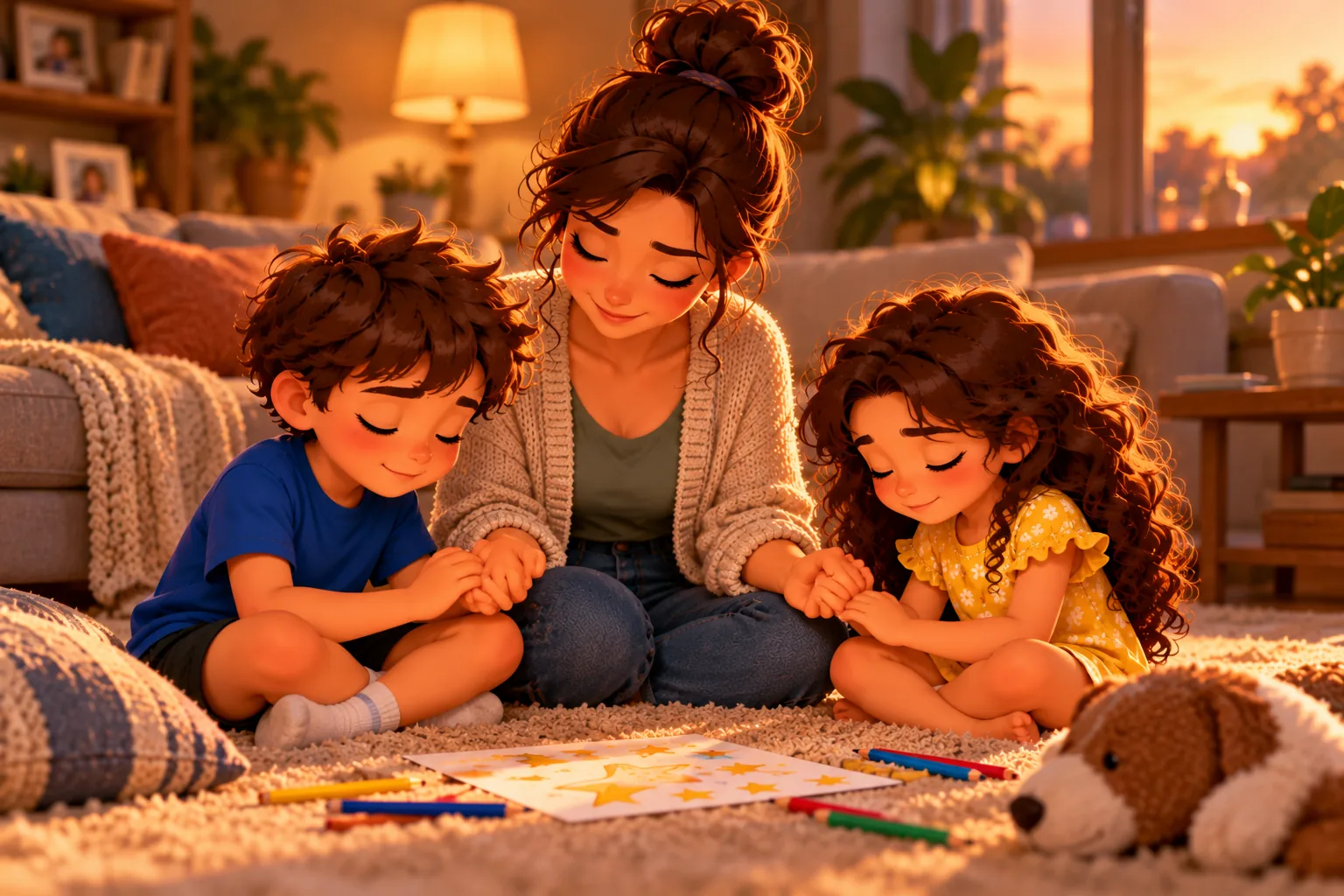 Mãe e filhos de mãos dadas fazendo uma oração na sala