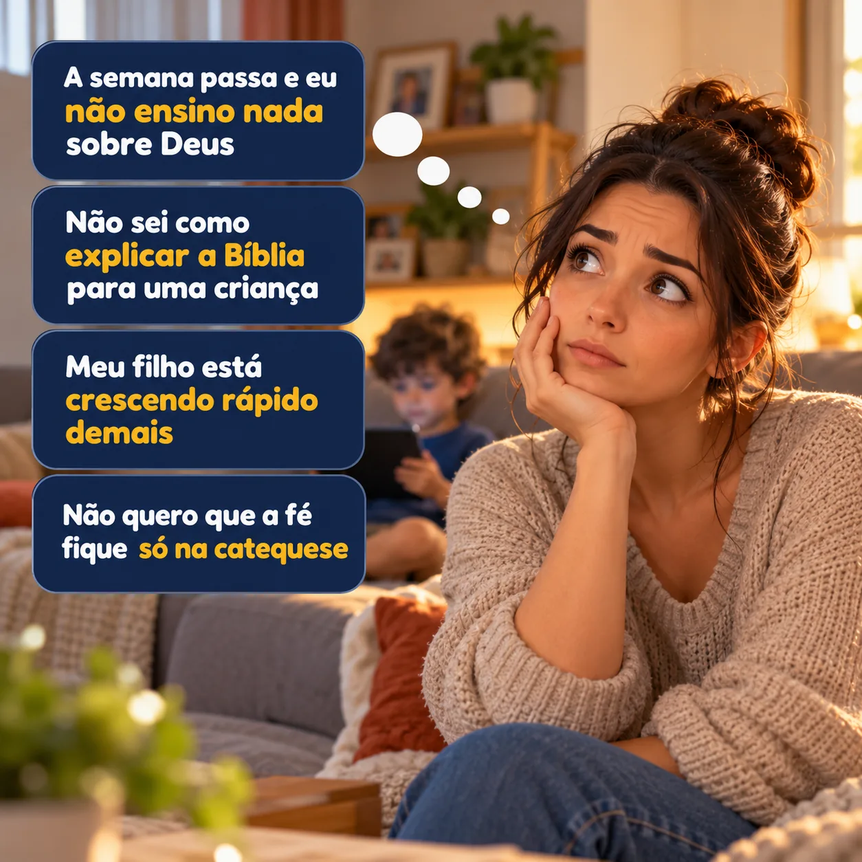 Mãe pensativa: a semana passa e eu não ensino nada sobre Deus; não sei explicar a Bíblia para uma criança; meu filho está crescendo rápido demais; não quero que a fé fique só na catequese