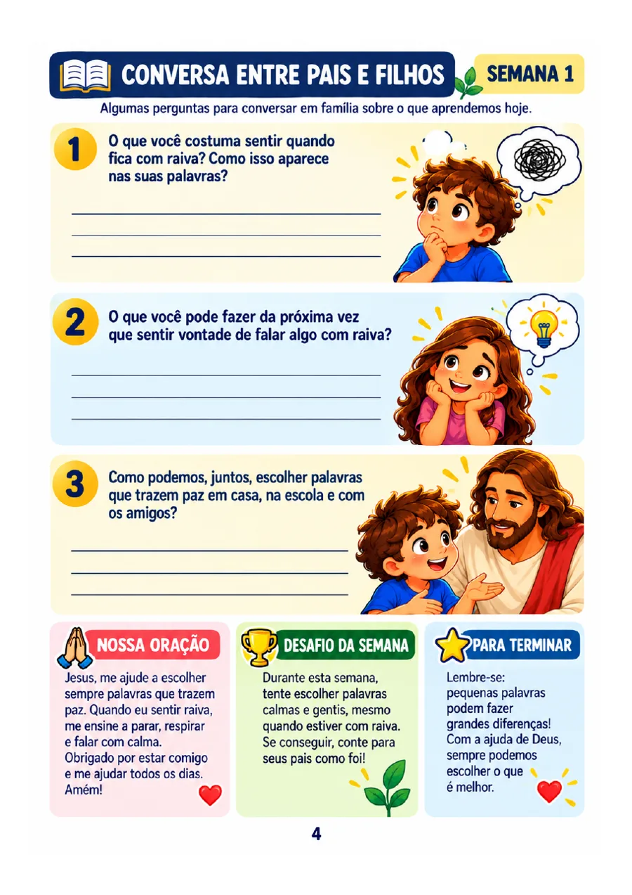 Página Conversa entre Pais e Filhos com perguntas, oração e desafio da semana